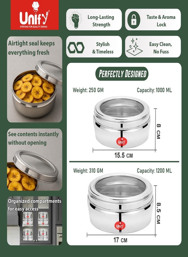 Unify 2 Pieces Stainless Steel Flat Storage Container Set with See-Through Lid | (1 Ltr & 1.2 Ltr) | Puri Dabba | Airtight Multipurpose Kitchen Canisters - Image 2